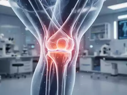 Ein futuristisch anmutendes menschliches Kniegelenk aus durchscheinenden Materialien, umgeben von subtilem Leuchten, in einem medizinischen Labor. - Foto: über boerse-global.de