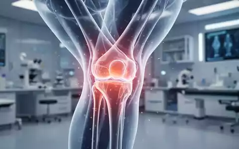 Ein futuristisch anmutendes menschliches Kniegelenk aus durchscheinenden Materialien, umgeben von subtilem Leuchten, in einem medizinischen Labor. - Foto: über boerse-global.de