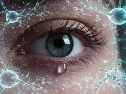 Nahaufnahme eines menschlichen Auges mit einer Träne, die sich bildet, und überlagerten futuristischen neuralen Netzwerken und molekularen Strukturen. - Foto: über boerse-global.de