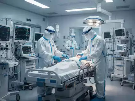 Eine hochmoderne Isolierstation mit einem medizinischen Fachpersonal in Schutzanzug, das einen Patienten versorgt. - Foto: über boerse-global.de
