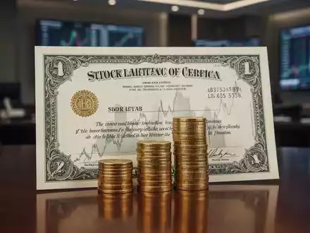Ein Aktienzertifikat, teilweise von einem Stapel Goldmünzen verdeckt, in einem eleganten Finanzbüro. Symbolisiert Aktienrückkauf trotz Gewinneinbruch. - Foto: über boerse-global.de