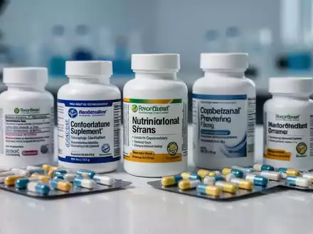 Nahaufnahme von verschiedenen Nahrungsergänzungsmitteln in Flaschen und Blisterpackungen auf einem reflektierenden Untergrund. - Foto: über boerse-global.de