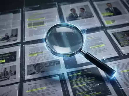 Leuchtend blaue Lupe über digitalen Dokumenten und Bildern, Symbol für OCR und Datensicherheitsuntersuchungen - Foto: über boerse-global.de