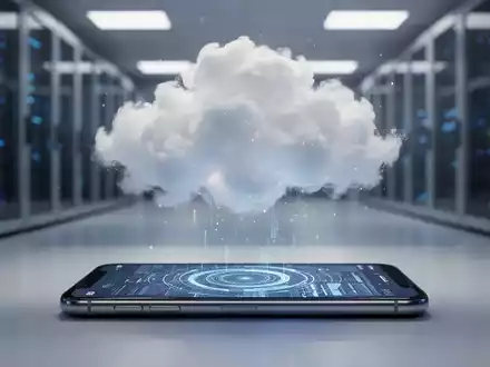 Eine stilisierte, leuchtende Wolkenformation schwebt über einem modernen Smartphone, das Datenmuster anzeigt, in einem Serverraum. - Foto: über boerse-global.de