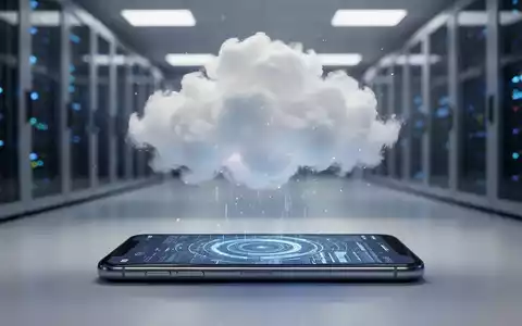 Eine stilisierte, leuchtende Wolkenformation schwebt über einem modernen Smartphone, das Datenmuster anzeigt, in einem Serverraum. - Foto: über boerse-global.de