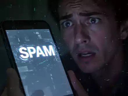 Ein Smartphone zeigt eine 'SPAM'-Benachrichtigung. Im Hintergrund, unscharf, ist das besorgte Gesicht einer Person zu sehen. - Foto: über boerse-global.de
