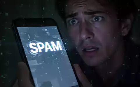 Ein Smartphone zeigt eine 'SPAM'-Benachrichtigung. Im Hintergrund, unscharf, ist das besorgte Gesicht einer Person zu sehen. - Foto: ĂŒber boerse-global.de