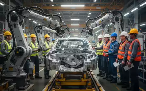 Nahaufnahme von Roboterarmen, die in einer modernen Autofabrik Fahrzeugteile montieren, mit Arbeitern im Hintergrund. - Foto: über boerse-global.de
