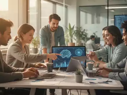Junge Unternehmer arbeiten in einem modernen Co-Working-Space zusammen, diskutieren Ideen vor einem Laptop mit KI-Visualisierungen. - Foto: über boerse-global.de