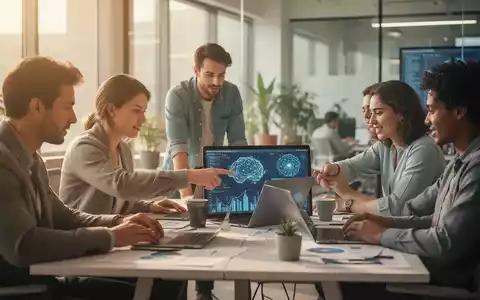 Junge Unternehmer arbeiten in einem modernen Co-Working-Space zusammen, diskutieren Ideen vor einem Laptop mit KI-Visualisierungen. - Foto: über boerse-global.de