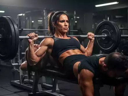Eine starke Sportlerin stemmt eine Person beim Bankdrücken. Fokus auf Entschlossenheit und Kraft im Fitnessstudio. - Foto: über boerse-global.de
