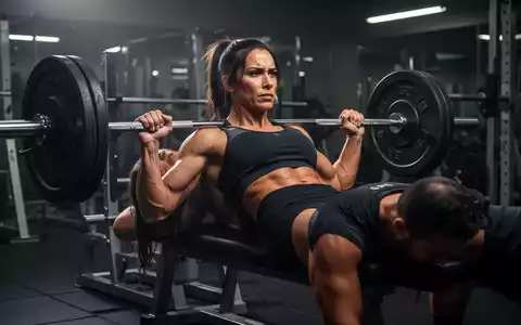 Eine starke Sportlerin stemmt eine Person beim Bankdrücken. Fokus auf Entschlossenheit und Kraft im Fitnessstudio. - Foto: über boerse-global.de