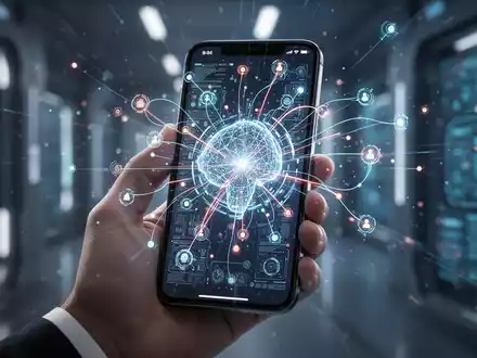 Eine Hand hält ein Smartphone mit leuchtender, abstrakter digitaler Oberfläche, die KI-gesteuerte Automatisierung und Abkürzungen darstellt. - Foto: über boerse-global.de