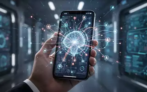 Eine Hand hält ein Smartphone mit leuchtender, abstrakter digitaler Oberfläche, die KI-gesteuerte Automatisierung und Abkürzungen darstellt. - Foto: über boerse-global.de