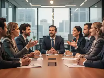Eine Gruppe von GeschĂ€ftsleuten sitzt an einem Konferenztisch und diskutiert offen, was psychologische Sicherheit am Arbeitsplatz symbolisiert. - Foto: ĂŒber boerse-global.de