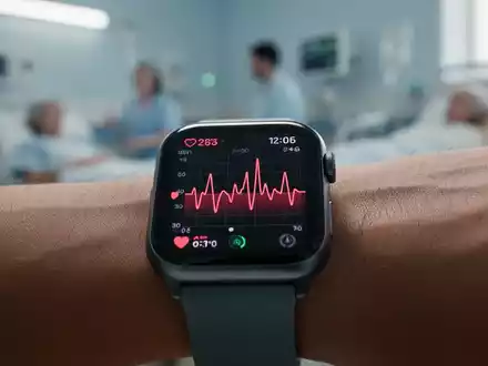 Eine Smartwatch zeigt einen Herzfrequenzgraphen an, im Hintergrund verschwommen eine Klinik oder ein Zuhause, Fokus auf digitale Gesundheit. - Foto: über boerse-global.de