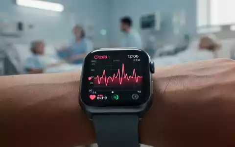 Eine Smartwatch zeigt einen Herzfrequenzgraphen an, im Hintergrund verschwommen eine Klinik oder ein Zuhause, Fokus auf digitale Gesundheit. - Foto: über boerse-global.de