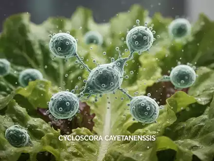 Mikroskopische Ansicht von Cyclospora cayetanensis-Parasiten auf Salatblättern, die eine Infektionsgefahr in Lebensmitteln symbolisiert. - Foto: über boerse-global.de