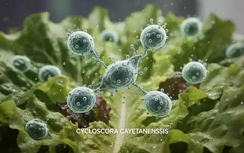 Mikroskopische Ansicht von Cyclospora cayetanensis-Parasiten auf Salatblättern, die eine Infektionsgefahr in Lebensmitteln symbolisiert. - Foto: über boerse-global.de