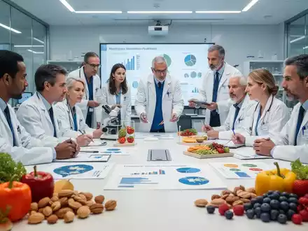 Eine Gruppe von Wissenschaftlern und Ernährungsexperten in einem modernen Labor diskutiert über gesunde Ernährung und Prävention. - Foto: über boerse-global.de