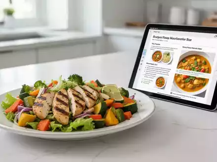 Ein Teller mit gesundem, farbenfrohem Essen neben einem Tablet, das ein digitales Rezept anzeigt, in einer modernen Küche. - Foto: über boerse-global.de