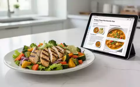 Ein Teller mit gesundem, farbenfrohem Essen neben einem Tablet, das ein digitales Rezept anzeigt, in einer modernen Küche. - Foto: über boerse-global.de