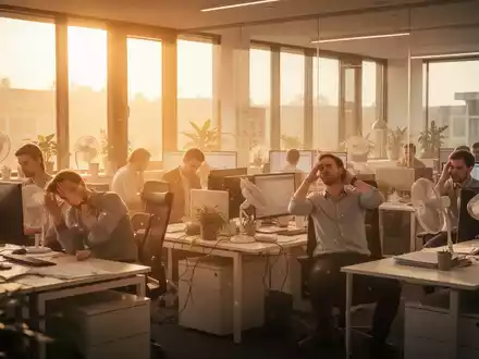 Ein modernes Großraumbüro in Deutschland, durchflutet von heißem Sonnenlicht, mit Mitarbeitern, die unter der Hitze leiden und ihre Produktivität beeinträchtigt ist. - Foto: über boerse-global.de