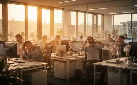 Ein modernes Großraumbüro in Deutschland, durchflutet von heißem Sonnenlicht, mit Mitarbeitern, die unter der Hitze leiden und ihre Produktivität beeinträchtigt ist. - Foto: über boerse-global.de