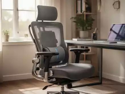 Ein moderner ergonomischer Bürostuhl in einem stilvollen Homeoffice mit Laptop auf einem Schreibtisch und sanftem Licht. - Foto: über boerse-global.de