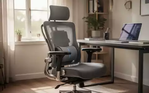 Ein moderner ergonomischer Bürostuhl in einem stilvollen Homeoffice mit Laptop auf einem Schreibtisch und sanftem Licht. - Foto: über boerse-global.de