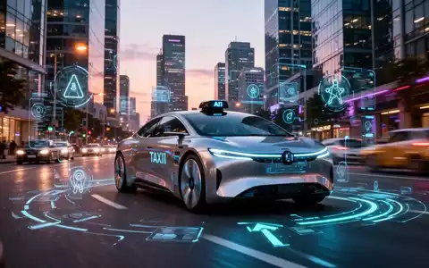 Ein autonomes Taxi, elegant und modern, fährt in der Abenddämmerung durch eine Stadt, digitale Schnittstellen auf den Fenstern sichtbar. - Foto: über boerse-global.de