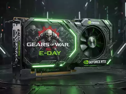 Maßgeschneiderte NVIDIA GeForce RTX Grafikkarte mit Gears of War E-Day-Design, grün leuchtend in dunkler, hochtechnologischer Umgebung. - Foto: über boerse-global.de