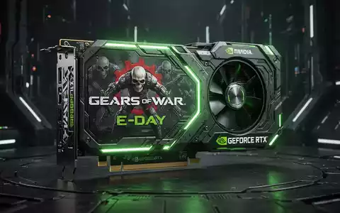 Maßgeschneiderte NVIDIA GeForce RTX Grafikkarte mit Gears of War E-Day-Design, grün leuchtend in dunkler, hochtechnologischer Umgebung. - Foto: über boerse-global.de