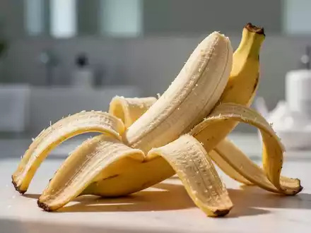 Nahaufnahme einer teilweise geöffneten Bananenschale in einem minimalistischen Badezimmer, die die Textur und natürliche Beleuchtung hervorhebt. - Foto: über boerse-global.de
