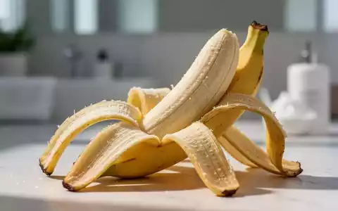 Nahaufnahme einer teilweise geöffneten Bananenschale in einem minimalistischen Badezimmer, die die Textur und natürliche Beleuchtung hervorhebt. - Foto: über boerse-global.de