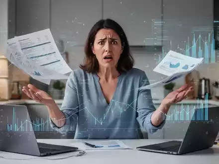 Eine gestresste Frau jongliert mit mehreren Aufgaben und Haushaltsgegenständen, im Hintergrund angedeutete Finanzdokumente. - Foto: über boerse-global.de