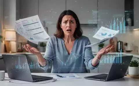 Eine gestresste Frau jongliert mit mehreren Aufgaben und Haushaltsgegenständen, im Hintergrund angedeutete Finanzdokumente. - Foto: über boerse-global.de