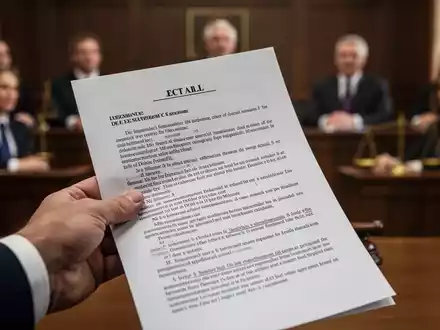 Eine Nahaufnahme einer Hand, die ein Dokument mit juristischem Text hält, mit verschwommenen Figuren im Hintergrund in einem Gerichtssaal oder Büro. - Foto: über boerse-global.de