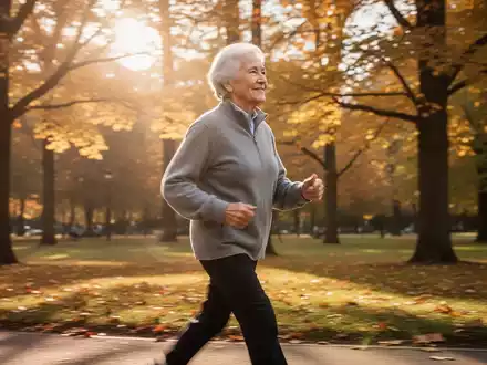 Eine Ă€ltere Person geht zĂŒgig durch einen sonnigen Park, umgeben von HerbstbĂ€umen, und demonstriert VitalitĂ€t und Gesundheit. - Foto: ĂŒber boerse-global.de