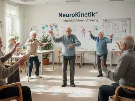 Senioren nehmen an einem NeuroKinetikÂź-GedĂ€chtnistraining teil, das kognitive Aufgaben mit leichten körperlichen Bewegungen verbindet. - Foto: ĂŒber boerse-global.de