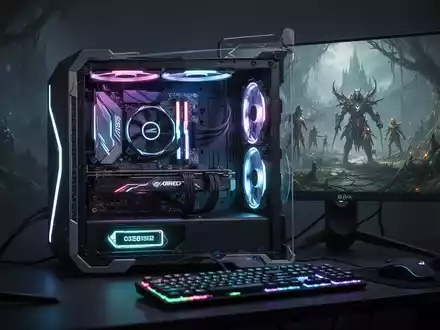 Zukunftssicherer Gaming-PC mit leuchtenden Komponenten und beleuchteter SSD, zeigt Fantasy-Spiel auf dem Monitor. - Foto: ĂŒber boerse-global.de