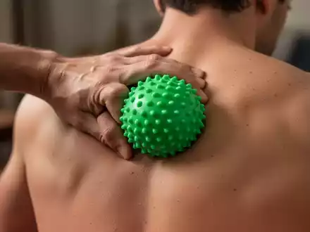 Eine Hand drückt einen grünen Massageball gegen den oberen Rücken einer Person, um Verspannungen zu lösen. - Foto: über boerse-global.de