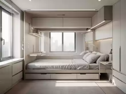 Ein modernes, minimalistisches Wohnzimmer mit einem Schrankbett und multifunktionalen Möbeln, die Effizienz und Stil betonen. - Foto: über boerse-global.de