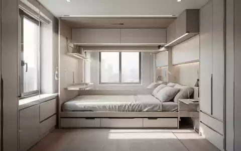 Ein modernes, minimalistisches Wohnzimmer mit einem Schrankbett und multifunktionalen Möbeln, die Effizienz und Stil betonen. - Foto: über boerse-global.de