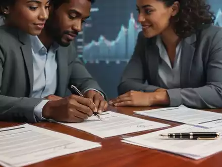 Ein Paar sitzt an einem Tisch, eine Person unterschreibt ein Dokument, während die andere zusieht. Auf dem Tisch liegen weitere Papiere und Stifte. - Foto: über boerse-global.de