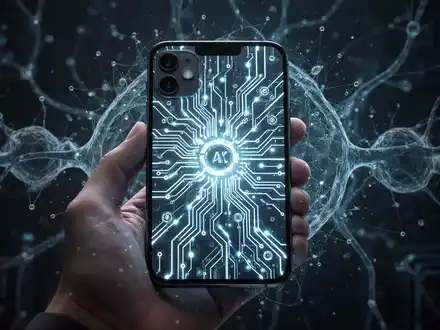 iPhone mit leuchtenden Schaltkreismustern und digitalem neuronalen Netzwerk-Overlay, das On-Device-KI-Modellkompression symbolisiert. - Foto: über boerse-global.de