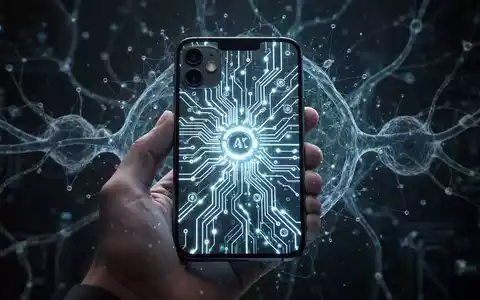 iPhone mit leuchtenden Schaltkreismustern und digitalem neuronalen Netzwerk-Overlay, das On-Device-KI-Modellkompression symbolisiert. - Foto: über boerse-global.de