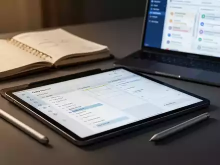 Digitales Tablet mit Tagesplaner, Stift und unscharfem Hintergrund aus Papierplaner und Laptop. Fokus auf digitale Produktivität. - Foto: über boerse-global.de