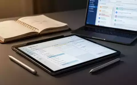 Digitales Tablet mit Tagesplaner, Stift und unscharfem Hintergrund aus Papierplaner und Laptop. Fokus auf digitale Produktivität. - Foto: über boerse-global.de