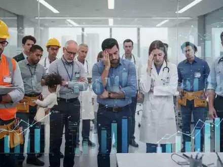 Eine Gruppe unterschiedlicher Arbeiter, die Müdigkeit und Konzentration zeigen, mit subtilen Datenvisualisierungen im Hintergrund. - Foto: über boerse-global.de